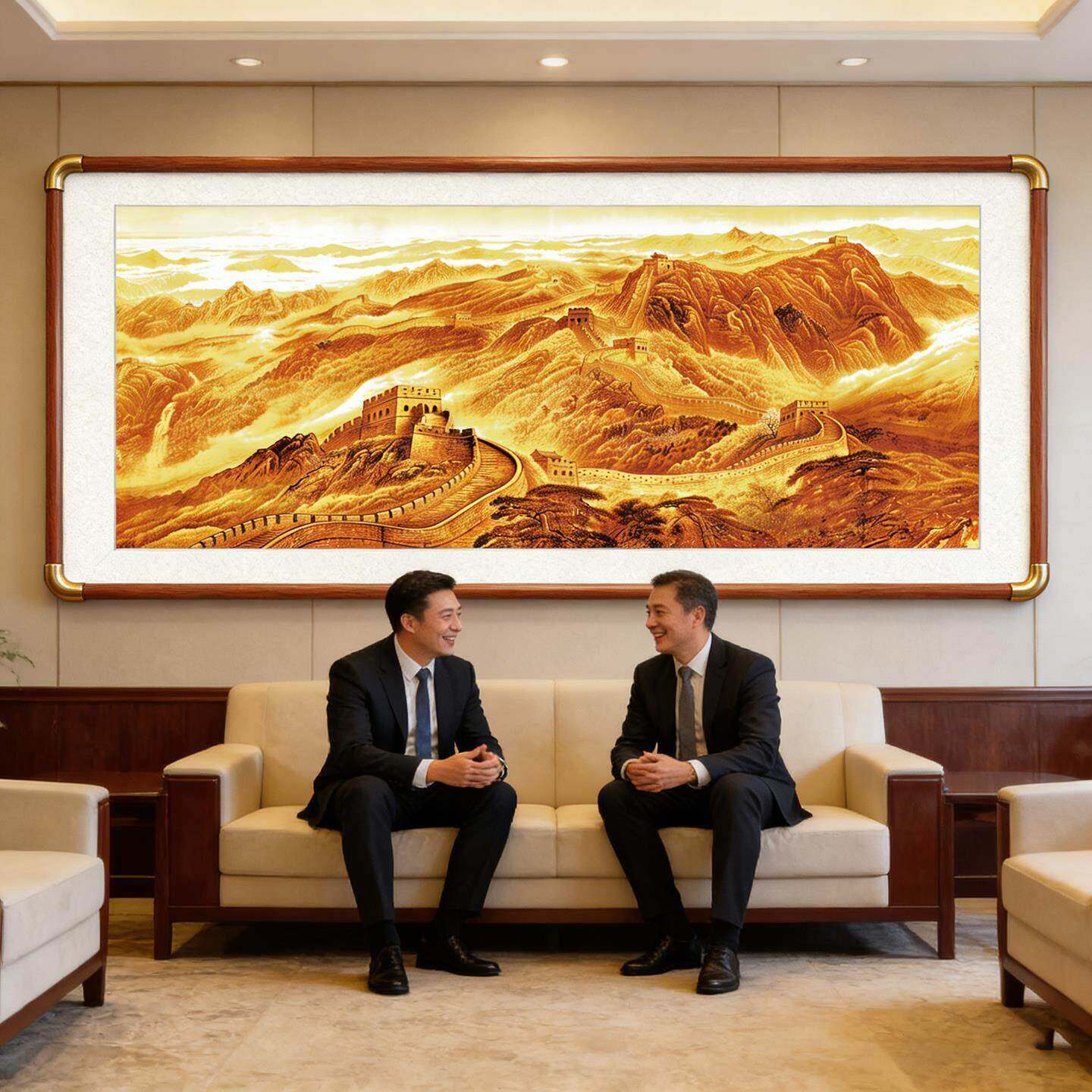金色万里长城靠山图国画山水画客厅挂画办公室沙发背景墙装饰字画