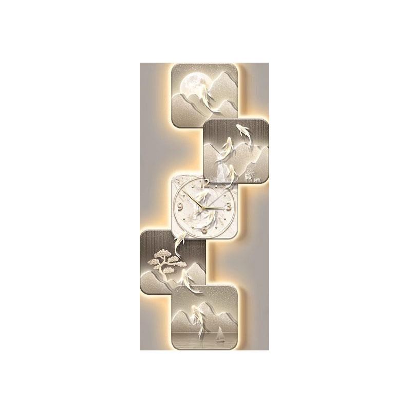 福运九鱼玄关装饰画带钟表轻奢大气走廊过道精雕异形竖版挂钟挂画