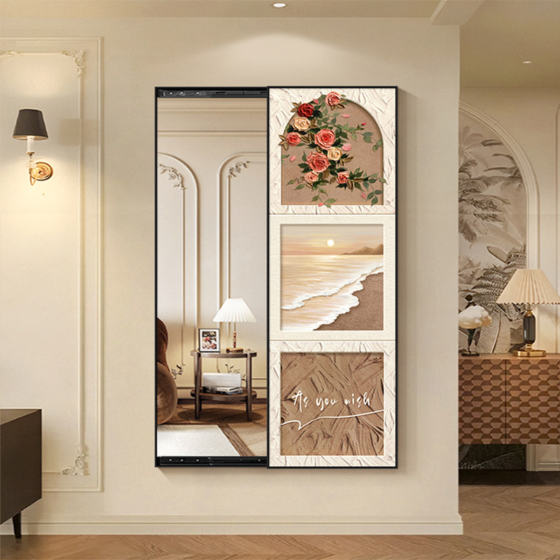 轻法式奶油风穿衣镜装饰画隐藏式推拉全身镜挂画暗藏式玄关镜子画