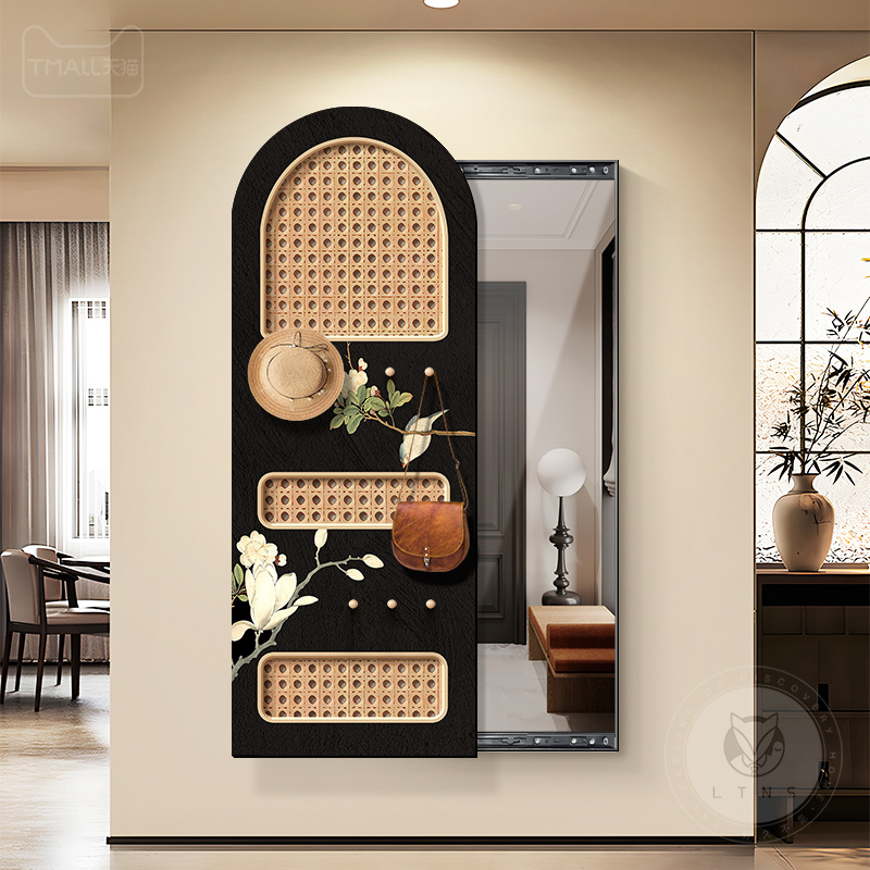 中古风玄关镜子装饰画可推拉暗藏式全身镜挂画复古藤编穿衣镜壁画