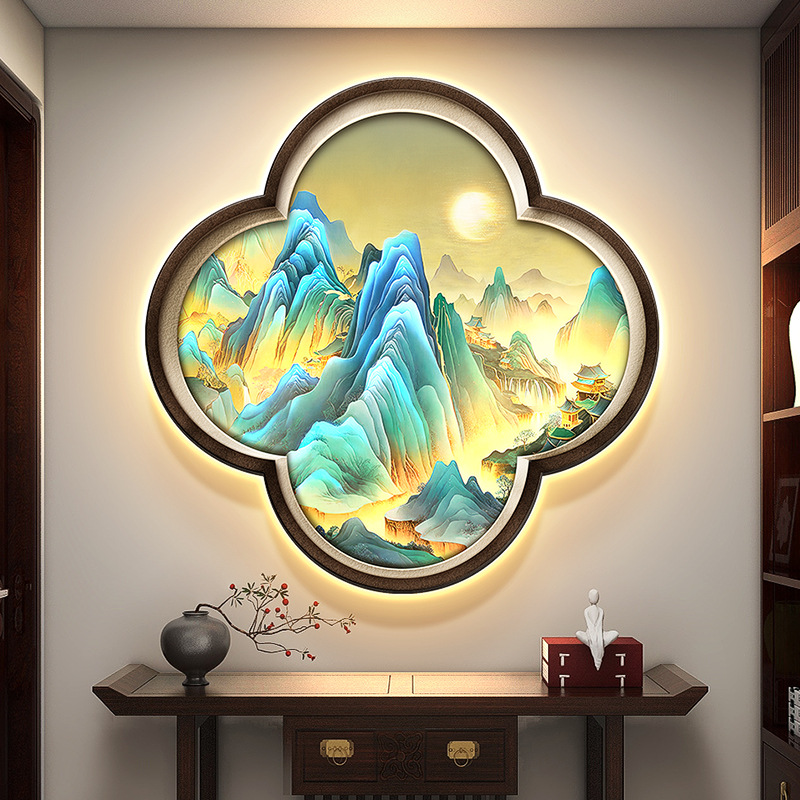 千里江山图玄关装饰画新中式梅花形走廊挂画假窗户入户门带灯壁画