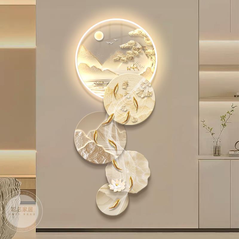 立体九鱼图玄关装饰画轻奢高级感客厅走廊过道挂画入户山水壁画灯