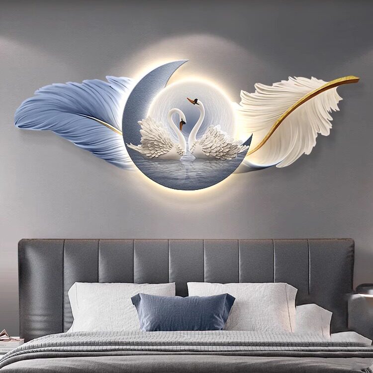 羽毛卧室装饰画led灯画温馨床头主卧挂画高档客厅沙发背景墙壁画