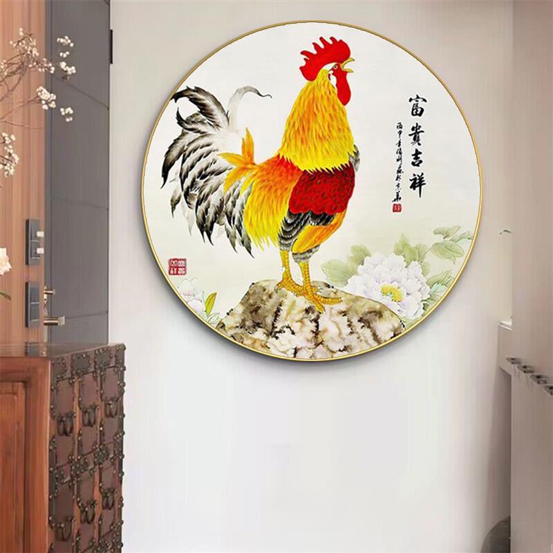 金鸡报晓玄关装饰画新中式圆形大公鸡挂画雄鸡图客厅餐厅风水壁画图片