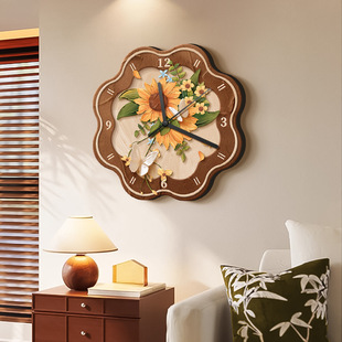 向日葵蝴蝶客厅装饰画带挂钟中古风复古花卉钟表挂画餐厅时钟挂墙