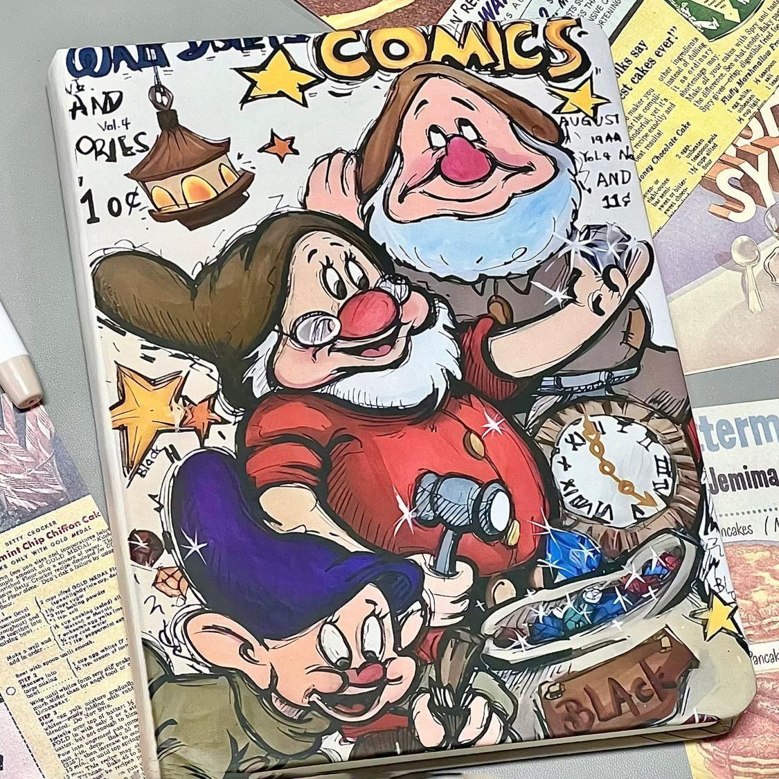 美式复古小矮人挖宝藏漫画风笔记本高校初高中硬壳横线小众手账本