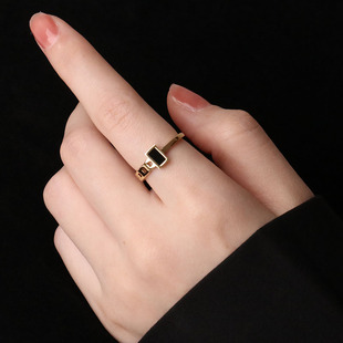 钛钢不掉色 欧美冷淡风日系轻奢小众设计食指戒 黑色方块戒指女