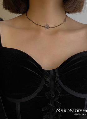 女玫瑰花项链暗黑系黑色