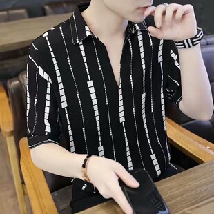 男痞帅v领冰丝潮牌男装 衬衫 高级感上衣设计感炸街衬衣潮 短袖 夏季