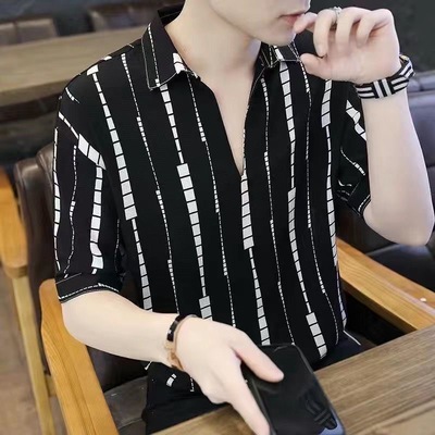 潮牌V领短袖宽松polo领冰丝衬衫
