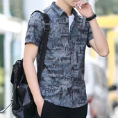 潮流休闲冰丝衬衣满印花外套上衣服寸衫 2024夏季 短袖 衬衫 薄款 男士