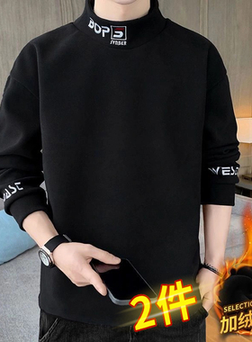 清仓！卫衣男秋冬季长袖T恤德绒打底衫刺绣双面绒半高领体恤衫潮