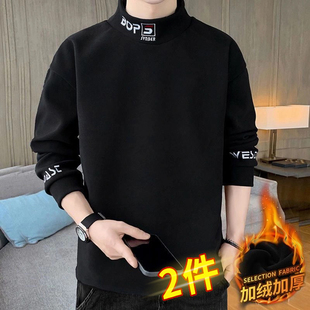 刺绣双面绒半高领体恤衫 清仓 T恤德绒打底衫 长袖 潮 卫衣男秋冬季