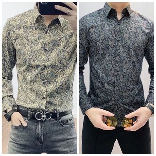 春秋款男士欧洲站时尚潮流个性印花衬衫修身翻领长袖碎花网红衬衣