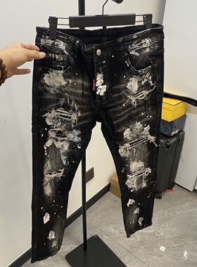 欧洲站重工艺喷漆补丁水洗黑色牛仔裤男D2弹力修身长裤26春秋四季