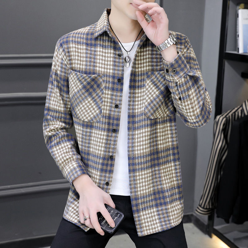 潮牌翻领长袖韩版格子衬衫