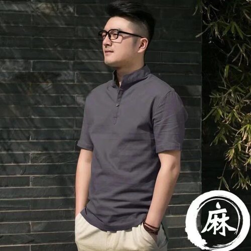 潮牌短袖亚麻男士立领休闲天丝