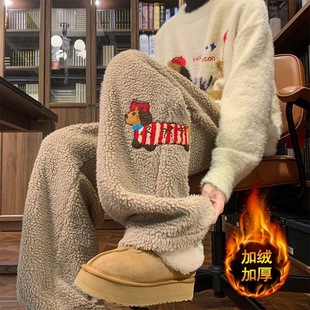 加绒加厚摇粒绒宽松裤 棉裤 子 男女冬季 秋冬腊肠狗双面绒刺绣直筒裤