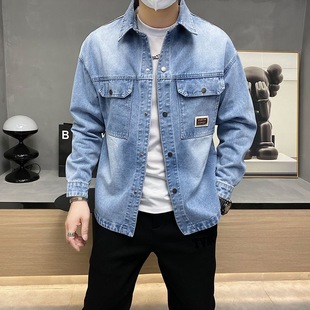 日系复古浅蓝牛仔外套男春秋潮牌高级感宽松褂子水洗工装 夹克衬衫
