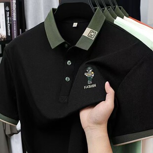 polo衫 t恤夏季 冰丝潮牌翻领刺绣体恤男生休闲半袖 百搭上衣 男短袖