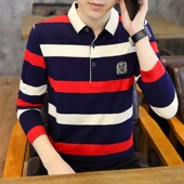 打底衫 条纹polo衫 春秋季 保罗t恤潮牌翻领高级感刺绣秋装 男士 长袖