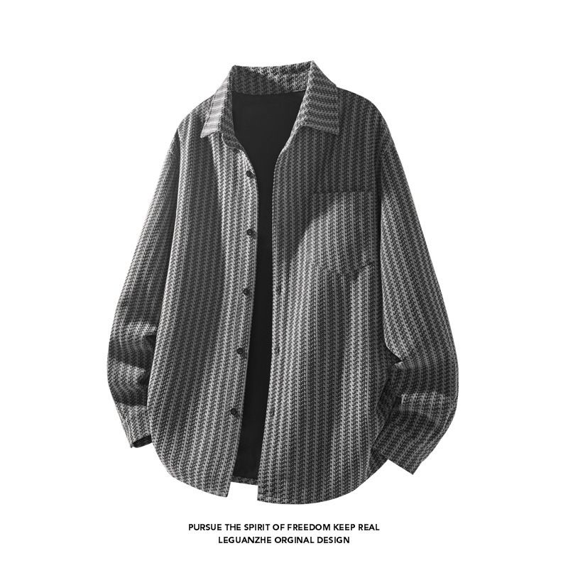 翻领+长袖+潮牌+夹克+条纹+衬衫