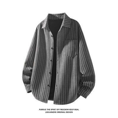 翻领+长袖+潮牌+夹克+条纹+衬衫