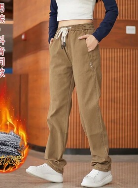 工装耐磨休闲裤男士冬季2025新款秋冬加绒加厚卡其色宽松直筒裤子