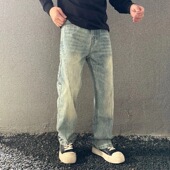 日系复古痞帅青年水洗做旧牛仔裤 宽松直筒百搭休闲裤 秋季 潮流韩版