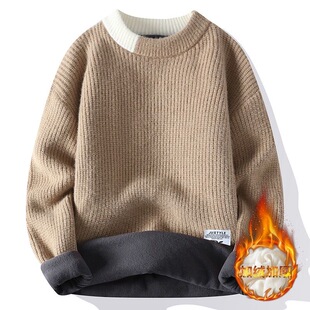 圆领毛衣男士秋冬季潮牌软糯长袖休闲打底衫慵懒风加绒保暖针织衫