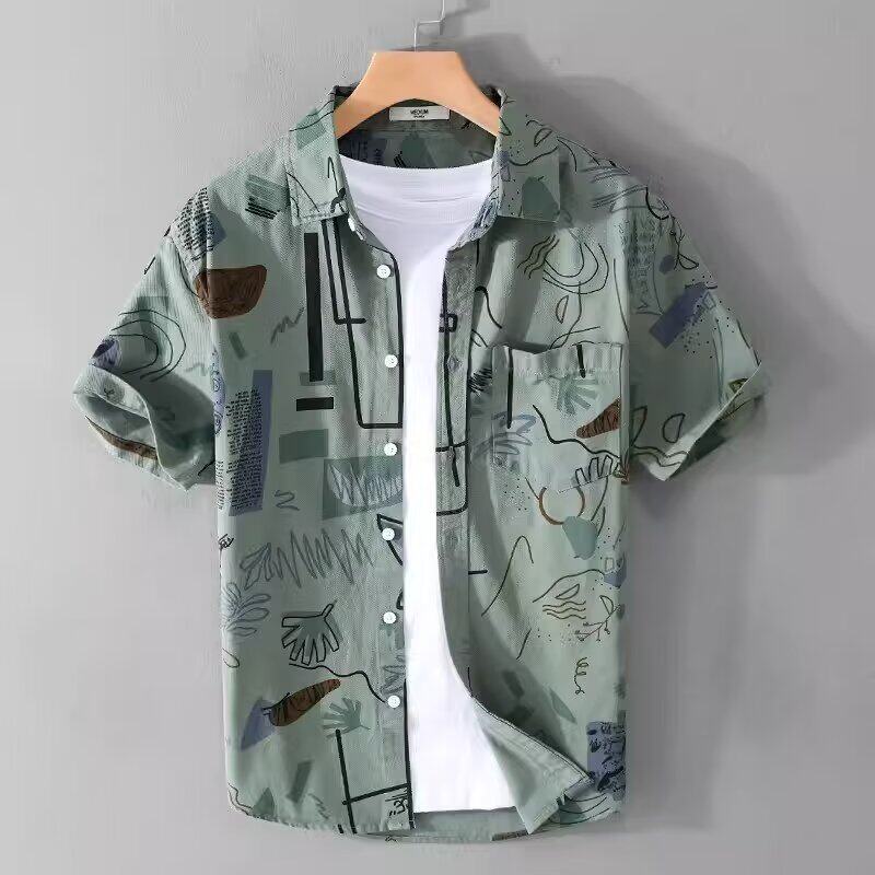 满印涂鸦个性印花短袖衬衫男潮流休闲宽松纯棉衬衣时尚设计感上衣