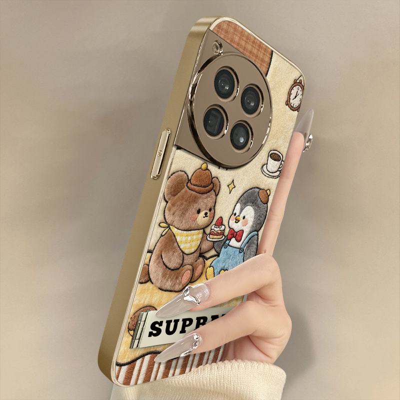 小熊企鹅适用于一加15手机壳1加13T新款12卡通11网红ace6可爱ace5pro女ace3高级2支架全包防摔小羊皮保护套
