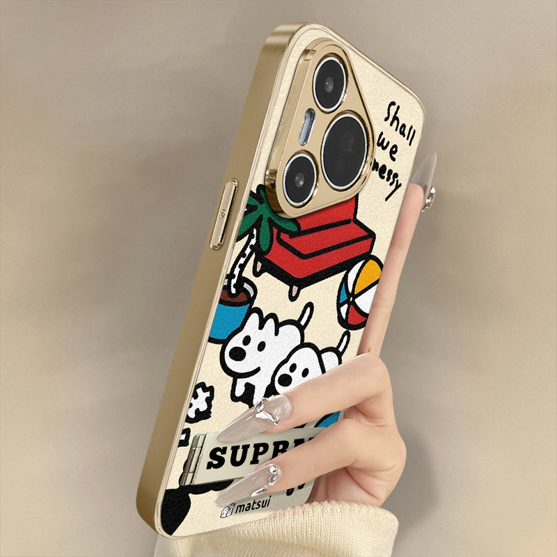 小狗玩耍适用于华为pura80手机壳新款70ultra卡通p60网红p50e可爱p40女p30pro高级支架全包防摔小羊皮保护套