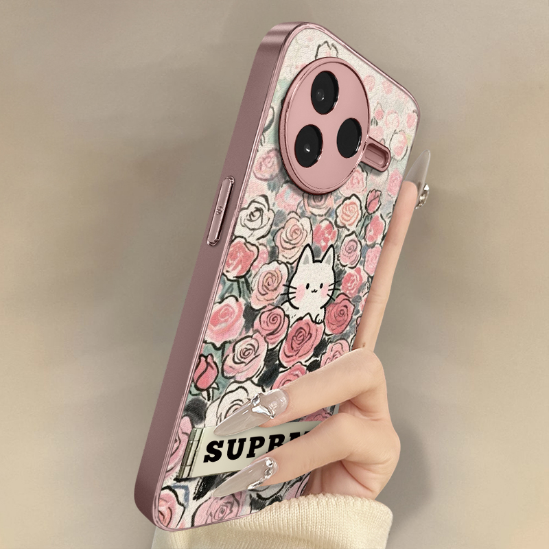 浙皇适用于红米k80手机壳k70e新款k60ultra小羊皮50女note14高级全包13防摔支架电镀秋冬可爱12pro玫瑰花丛猫
