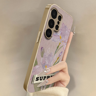 国风紫色鸢尾花适用三星galaxys24手机壳s23ultra高级感s23创意s22小众s22新款 男女24支架电镀小羊皮全包防摔