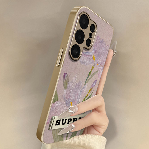 国风紫色鸢尾花适用三星galaxys24手机壳s23ultra高级感s23创意s22小众s22新款男女24支架电镀小羊皮全包防摔