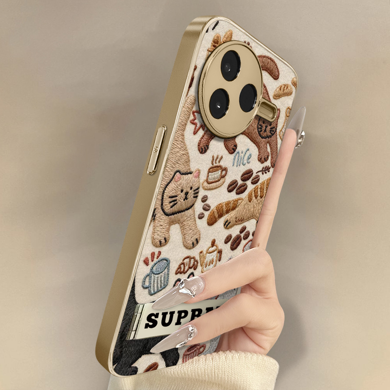 咖啡猫咪适用于红米k80手机壳k70e新款k60ultra卡通50网红note14可爱13女12pro高级支架全包防摔小羊皮保护套