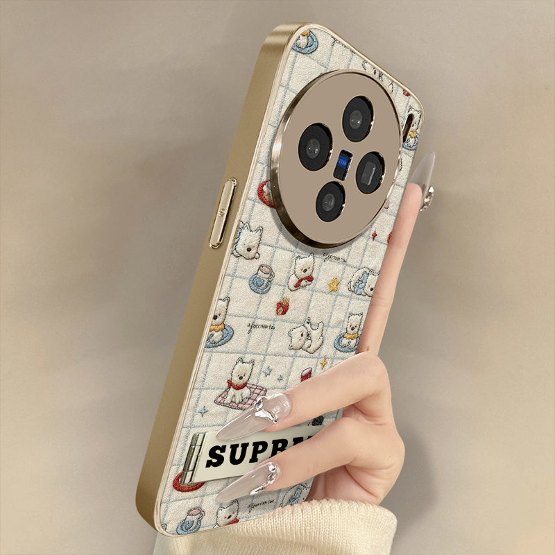 格纹白狗适用于vivoX300手机壳x100ultra新款x200s卡通x90网红x80可爱70女60高级支架全包防摔小羊皮保护套