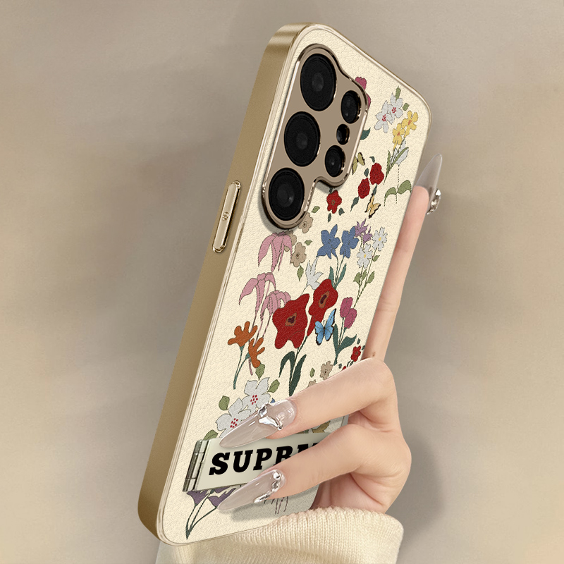 鲜花蝴蝶适用于三星galaxys25手机壳s24ultra新款s23ultra艺术22国风s24创意女高级支架全包防摔小羊皮保护套