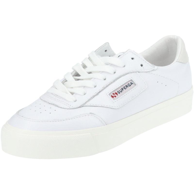 Superga女士运动板鞋舒适轻便透气耐用白色平底系带皮革外观