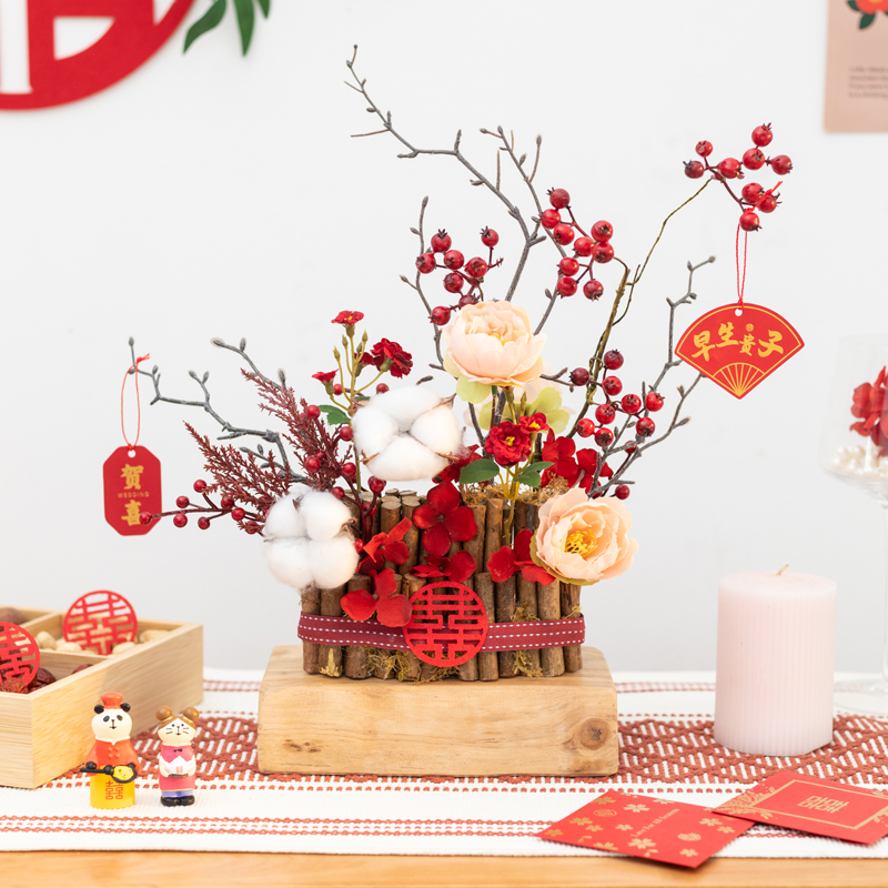 喜庆婚房装饰仿真花冬青红果摆件