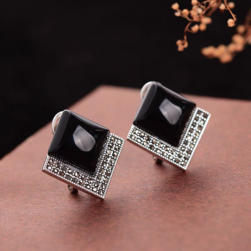 纯银耳钉女黑玛瑙高级感小众设计感气质大气方形菱形耳环耳坠耳饰