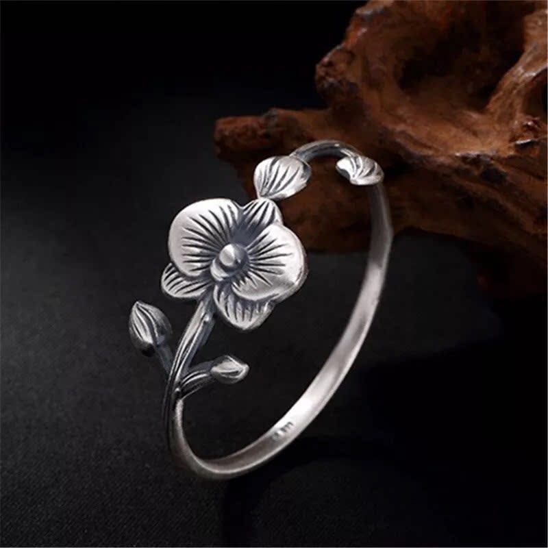原创999银老银匠手工银饰花朵手镯戒指甜美风生日七夕情人节礼物