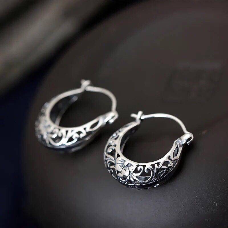 S925纯银泰银雕花复古耳环女款气质银饰耳饰简约时尚老银匠手工,饰品/流行首饰/时尚饰品新,耳环,淘宝优惠券,粉丝福利购,淘宝优惠卷
