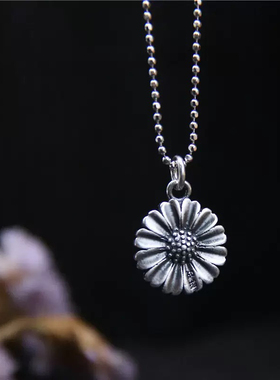 足银s999复古做旧时尚太阳花文艺气质女泰银项链吊坠老银匠手工