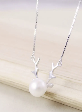 珍珠鹿角项链日韩简约甜美百搭女S925纯银小鹿锁骨短链送女友礼物