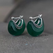 s925纯银饰品复古泰银猫眼石耳钉耳环民族大款 女正品 耳饰绿色气质