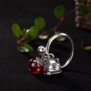 S925纯银戒指女招财猫铃铛开口个性食指潮人百搭老银匠手工ph7