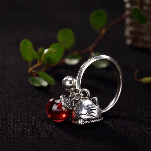 纯银戒指女招财猫S925铃铛开口