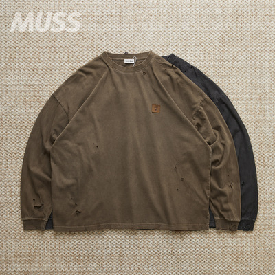 JIEDA水洗破坏做旧贴皮长袖T